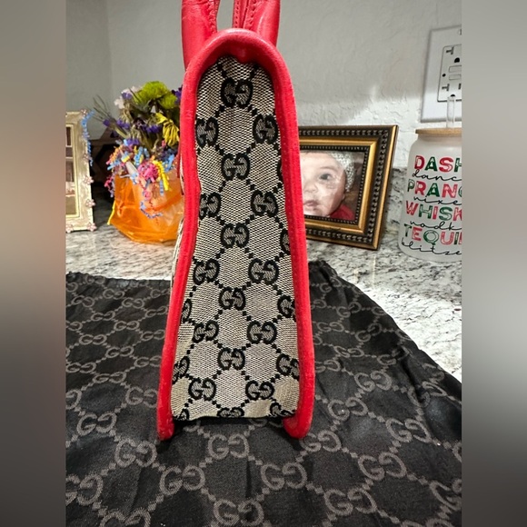 GUCCI MONOGRAM CANVAS MINI BAG W Red LEATHER DUAL HANDLES - Picture 6 of 15